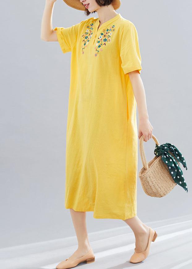 Loose Yellow Embroidery Cotton Clothes for V Neck Dresses Summer Dresses