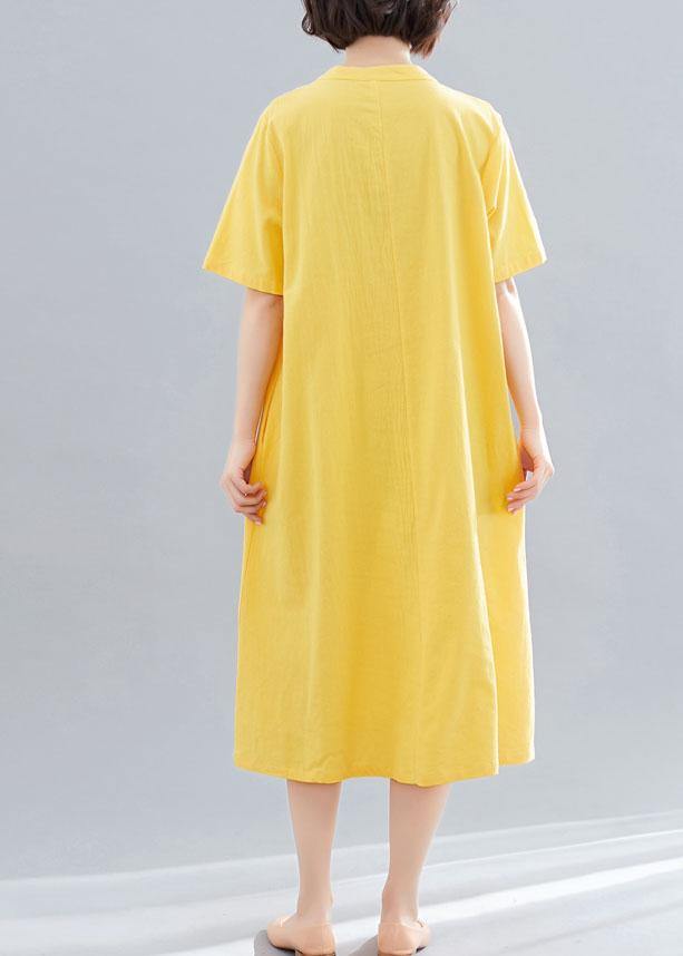 Loose Yellow Embroidery Cotton Clothes for V Neck Dresses Summer Dresses