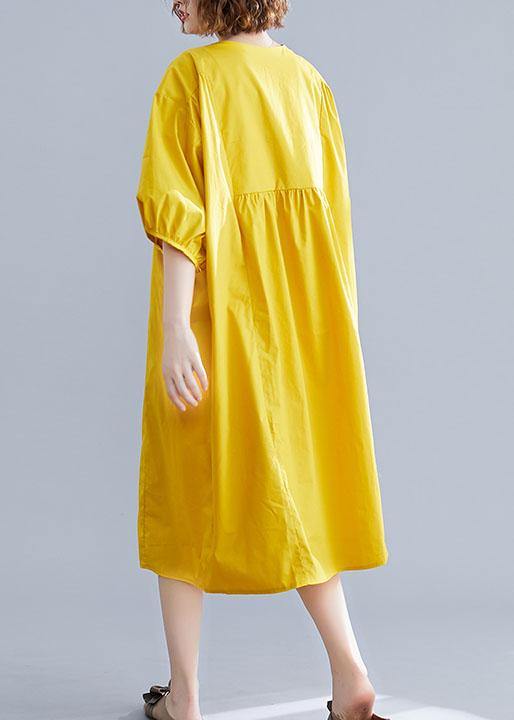 Loose Yellow O Neck Cotton Tunics Cinched Maxi Summer Dresses