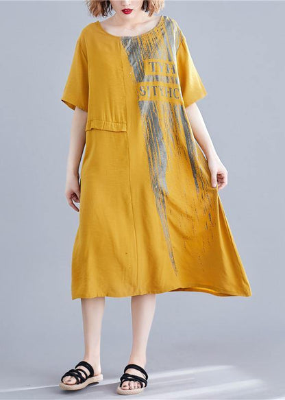 Loose Yellow Print Cotton Outfit O Neck Pockets Long Summer Dresses
