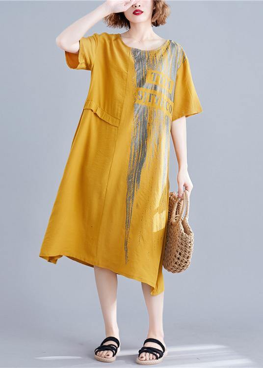 Loose Yellow Print Cotton Outfit O Neck Pockets Long Summer Dresses