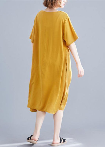 Loose Yellow Print Cotton Outfit O Neck Pockets Long Summer Dresses