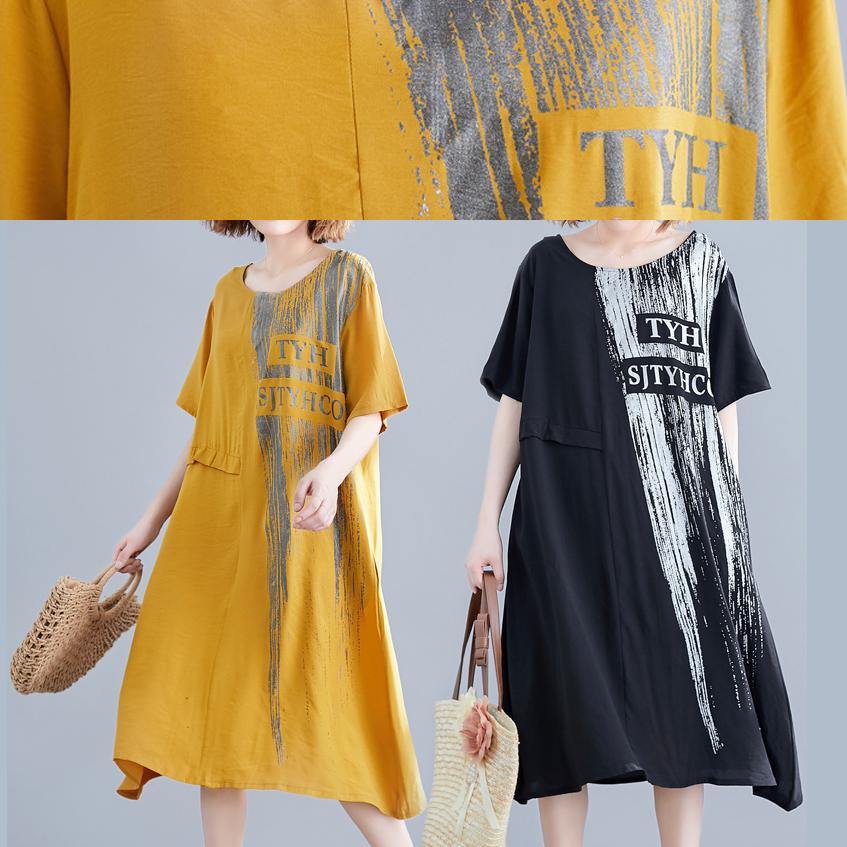 Loose Yellow Print Cotton Outfit O Neck Pockets Long Summer Dresses