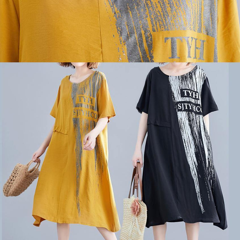 Loose Yellow Print Cotton Outfit O Neck Pockets Long Summer Dresses