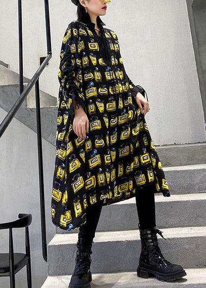 Loose Yellow Prints Chiffon Outfit Drawstring Long Patchwork Dresses