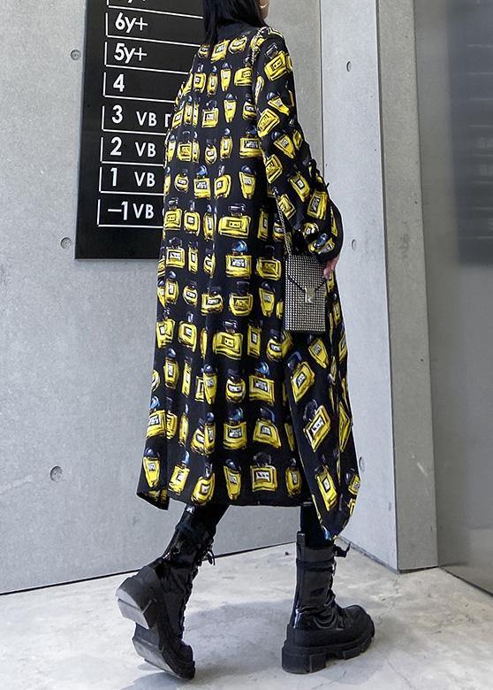 Loose Yellow Prints Chiffon Outfit Drawstring Long Patchwork Dresses