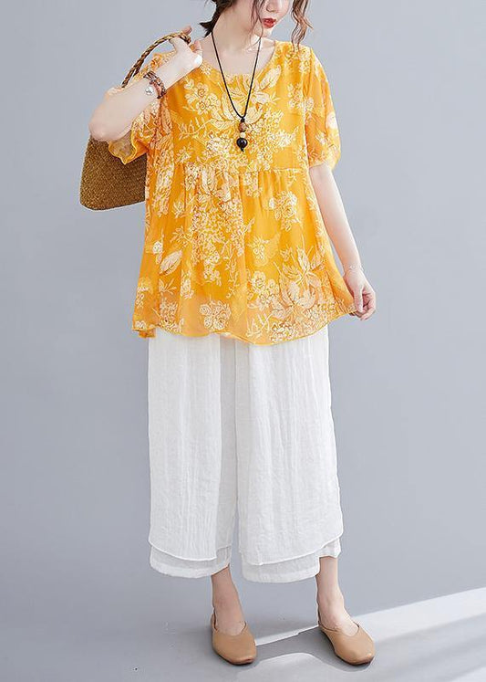 Loose Yellow Small Cotton and Linen Top + Wide Leg Pants Two Pieces