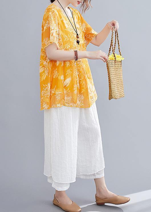 Loose Yellow Small Cotton and Linen Top + Wide Leg Pants Two Pieces