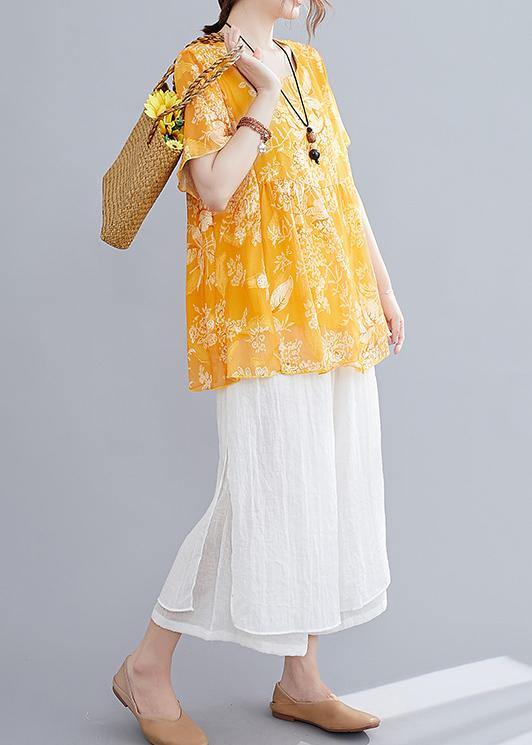 Loose Yellow Small Cotton and Linen Top + Wide Leg Pants Two Pieces