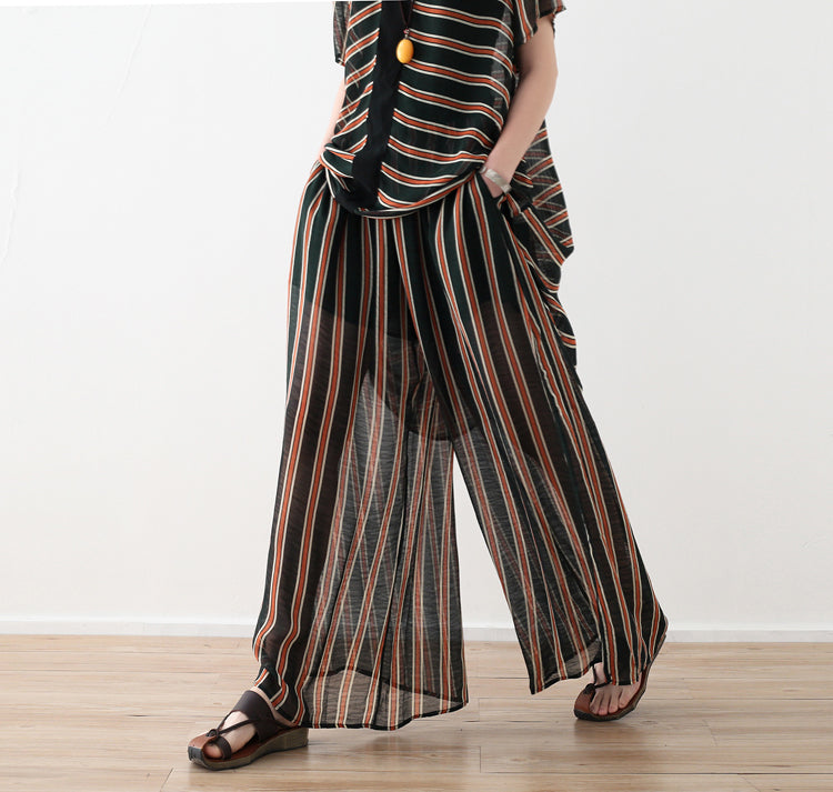 Loose Yellow Striped Ideas Wide Leg Pants Pockets Long Summer Pants