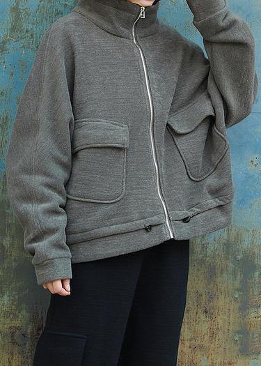 Loose Zippered High Neck Coats Army Green Daily Outwear