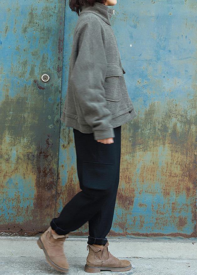 Loose Zippered High Neck Coats Army Green Daily Outwear