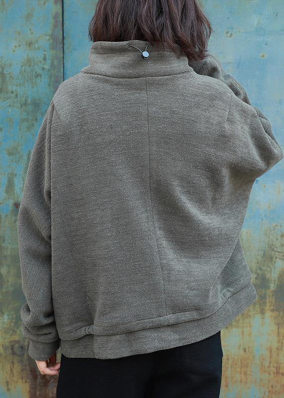 Loose Zippered High Neck Coats Army Green Daily Outwear