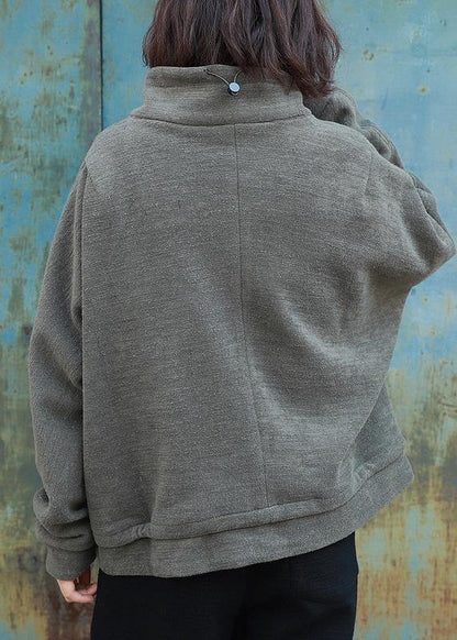 Loose Zippered High Neck Coats Army Green Daily Outwear