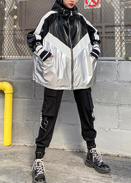 Loose Zippered Fine Trench Coat Black Patchwork Silver Silhouette Jackets