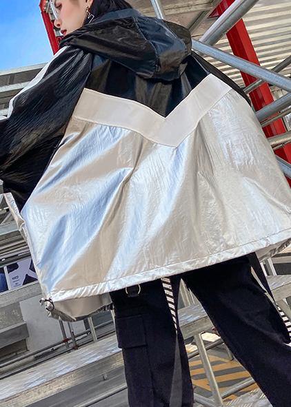 Loose Zippered Fine Trench Coat Black Patchwork Silver Silhouette Jackets