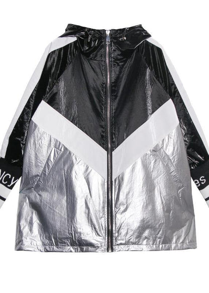 Loose Zippered Fine Trench Coat Black Patchwork Silver Silhouette Jackets