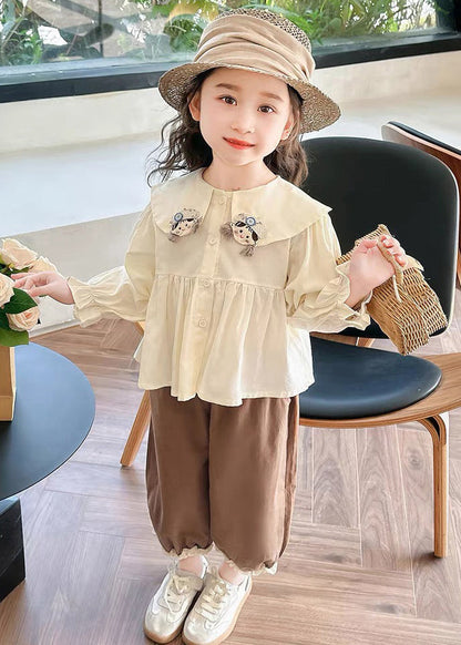 Apricot Shirts and Coffee Crop Pants Cotton Two Pieces Set Flare Sleeve