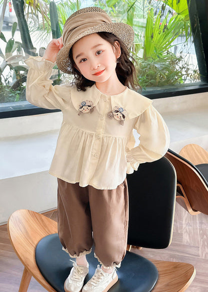 Apricot Shirts and Coffee Crop Pants Cotton Two Pieces Set Flare Sleeve