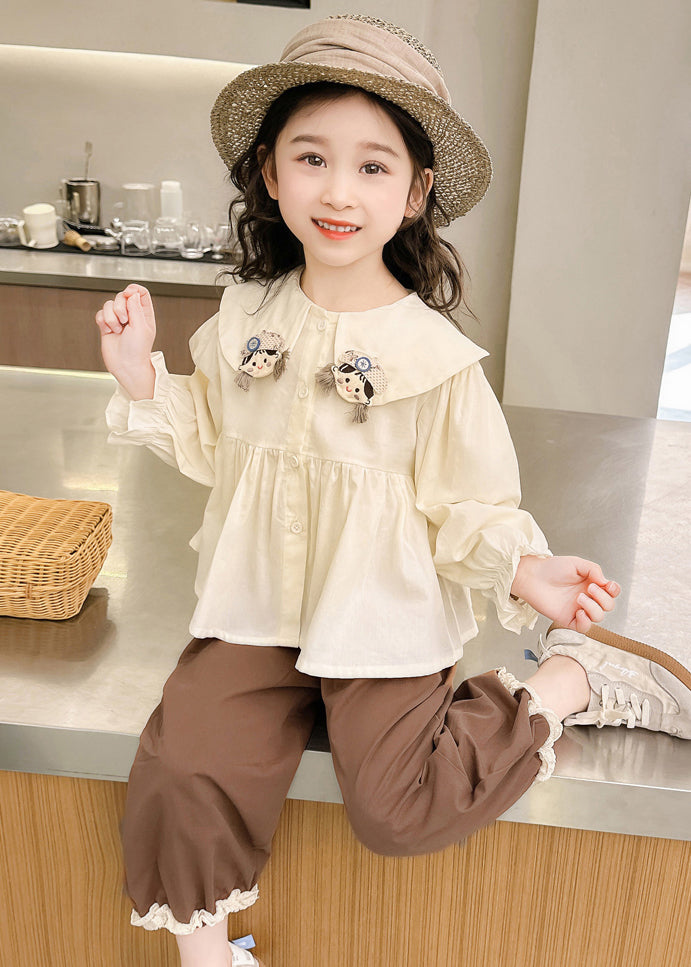 Apricot Shirts and Coffee Crop Pants Cotton Two Pieces Set Flare Sleeve