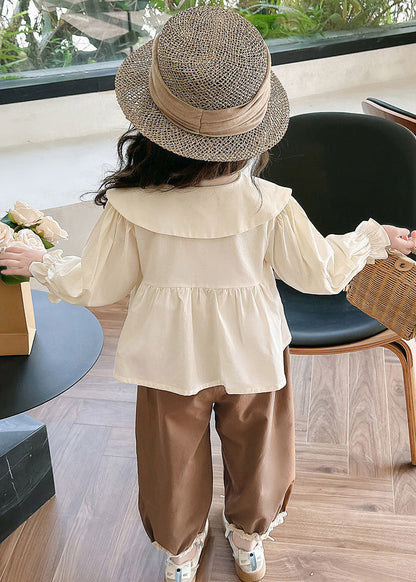Apricot Shirts and Coffee Crop Pants Cotton Two Pieces Set Flare Sleeve