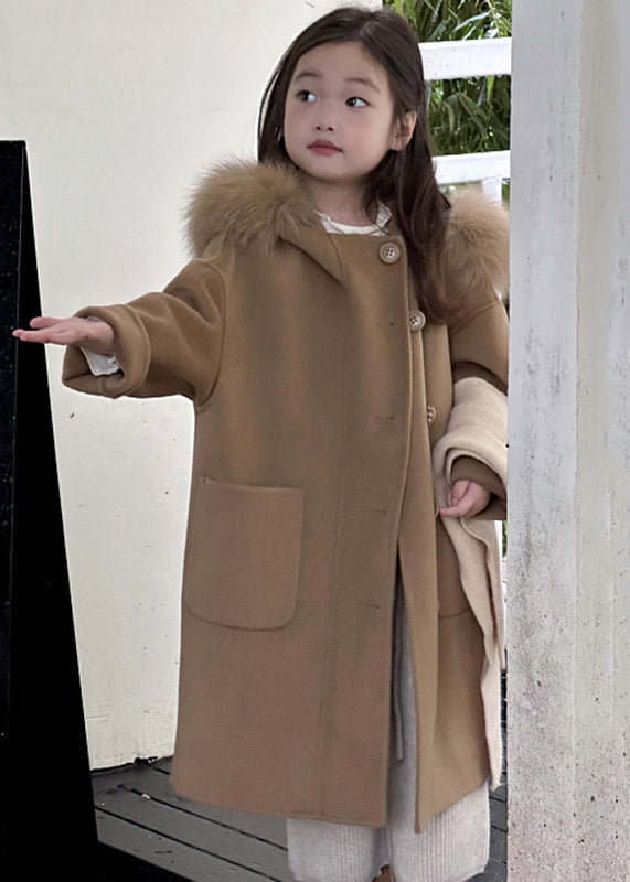 Beige Button Woolen Kids Hoodie Maxi Coat Fall
