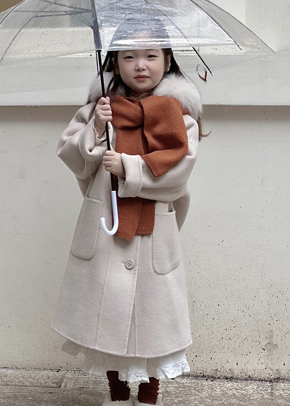 Beige Button Woolen Kids Hoodie Maxi Coat Fall