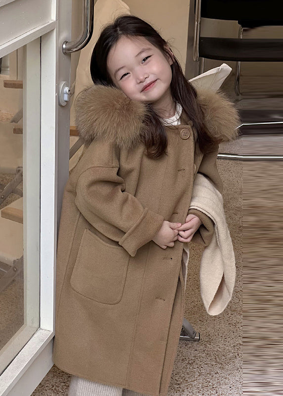 Beige Button Woolen Kids Hoodie Maxi Coat Fall