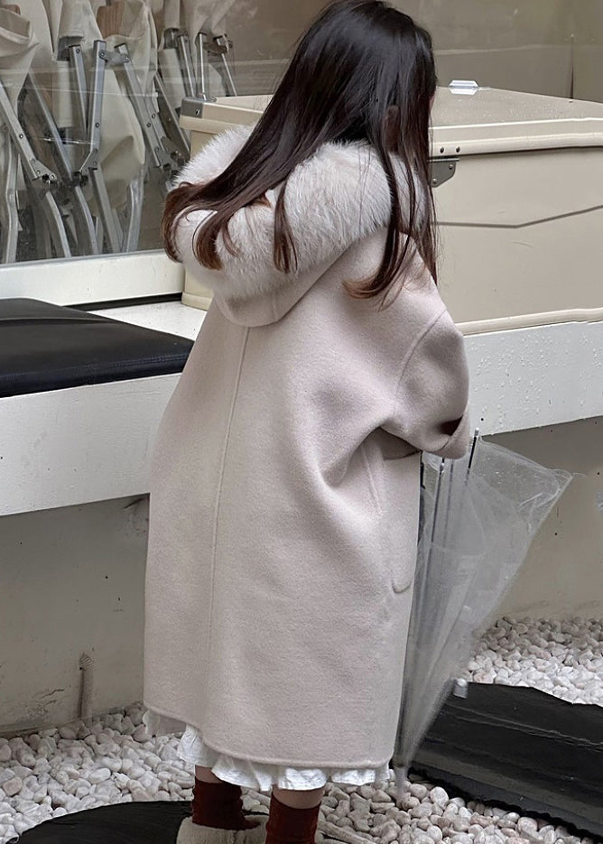 Beige Button Woolen Kids Hoodie Maxi Coat Fall