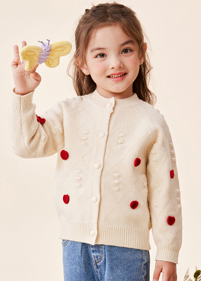 Beige O-neck Button Cotton Knit Kids Sweaters Spring