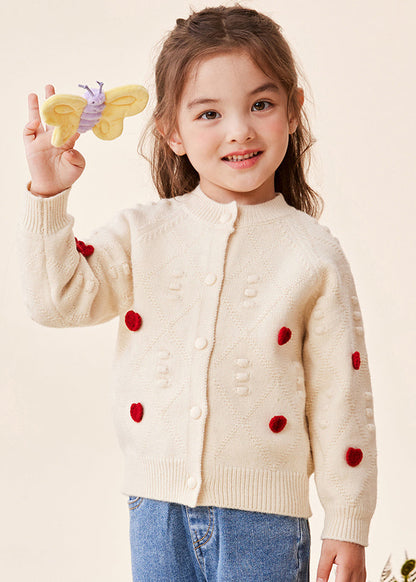 Beige O-neck Button Cotton Knit Kids Sweaters Spring
