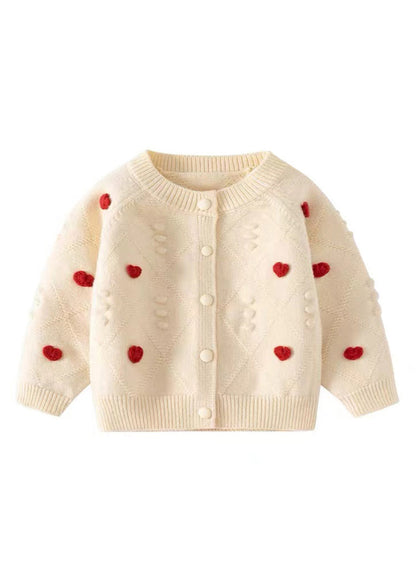 Beige O-neck Button Cotton Knit Kids Sweaters Spring
