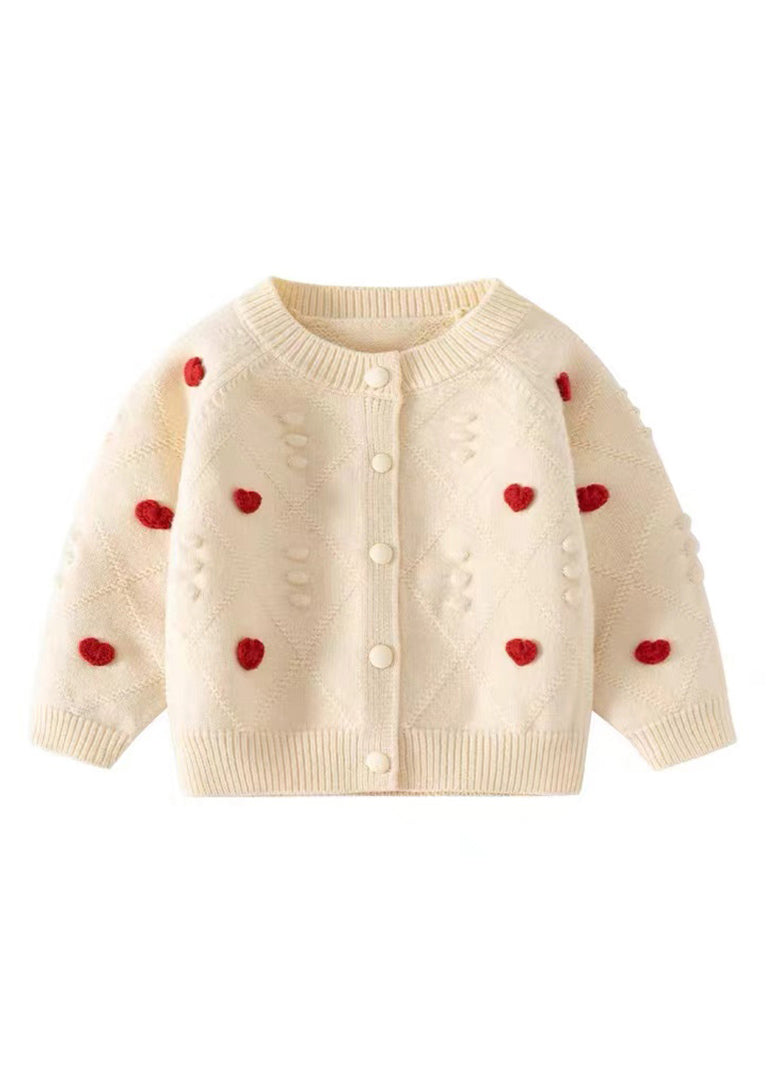Beige O-neck Button Cotton Knit Kids Sweaters Spring