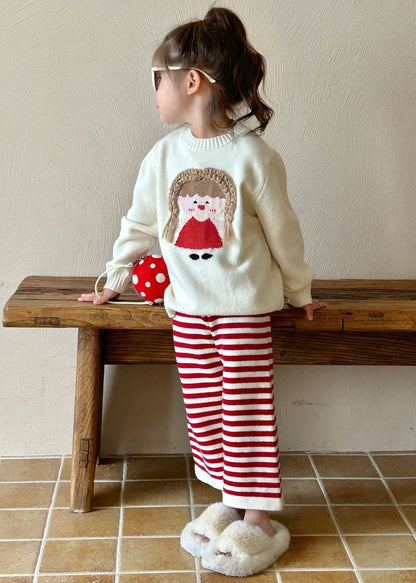 Beige O-neck Character Kids Cotton Knit Sweaters and Flare Trousers Two Pieces Set Spring