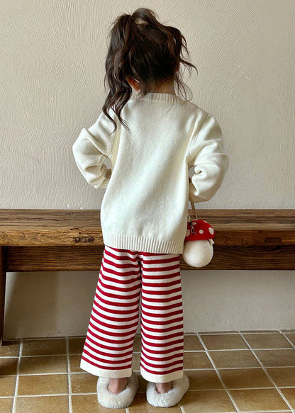 Beige O-neck Character Kids Cotton Knit Sweaters and Flare Trousers Two Pieces Set Spring