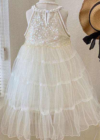 Beige Sequins Nail Bead Wrinkled Patchwork Tulle Baby Princess Dress Summer