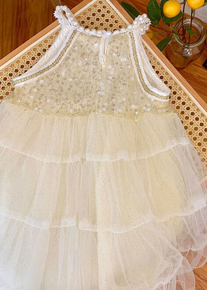 Beige Sequins Nail Bead Wrinkled Patchwork Tulle Baby Princess Dress Summer