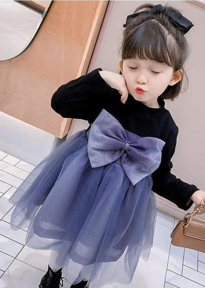 Black O Neck Tulle Bow Patchwork Warm Fleece Kids Dresses Fall