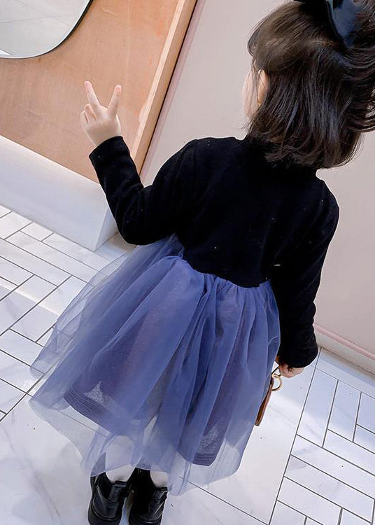 Black O Neck Tulle Bow Patchwork Warm Fleece Kids Dresses Fall