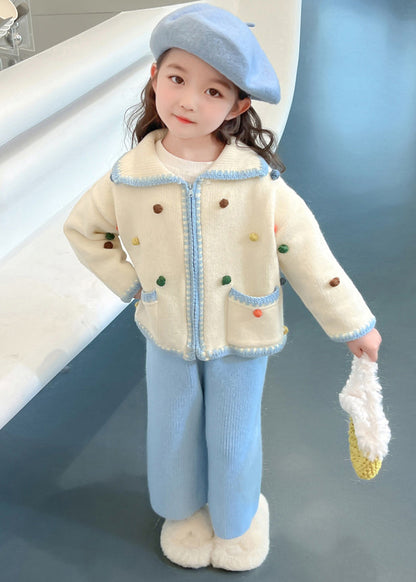 Blue Peter Pan Collar Patchwork Knitted Cotton Cardigans and Crop Pants Two Piece Set Spring