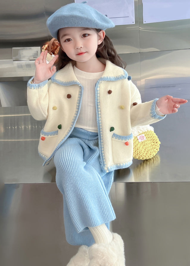 Blue Peter Pan Collar Patchwork Knitted Cotton Cardigans and Crop Pants Two Piece Set Spring