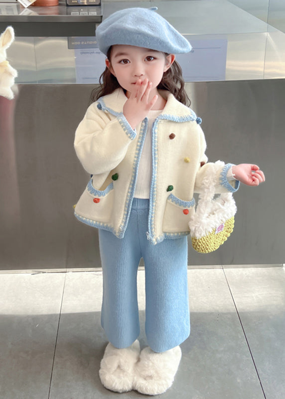 Blue Peter Pan Collar Patchwork Knitted Cotton Cardigans and Crop Pants Two Piece Set Spring