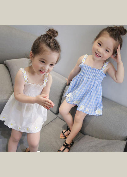 Blue Plaid Wrinkled Cotton Kids Mid Dress Sleeveless