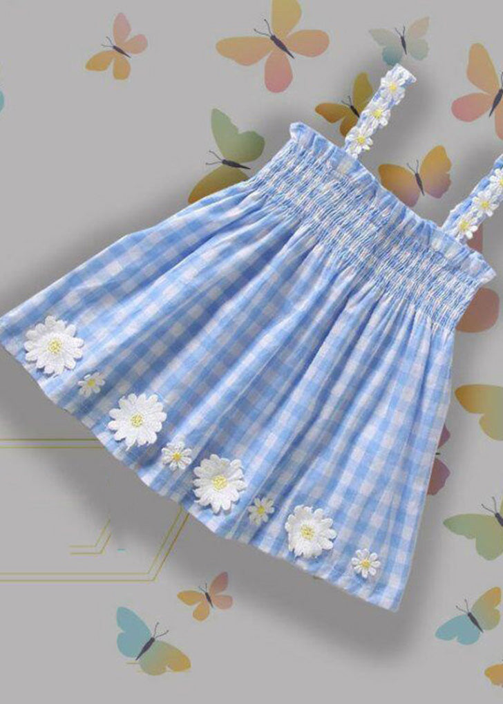 Blue Plaid Wrinkled Cotton Kids Mid Dress Sleeveless