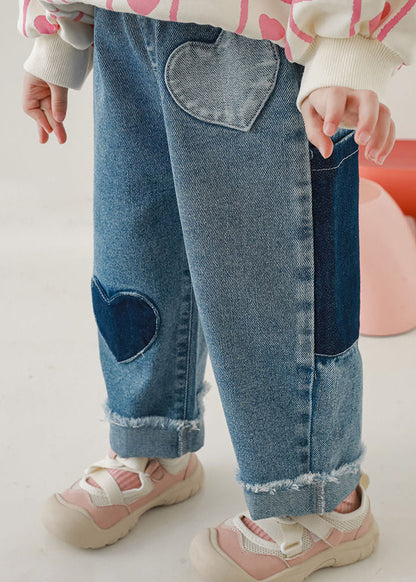 Blue Pockets Elastic Waist Denim Pants Fall
