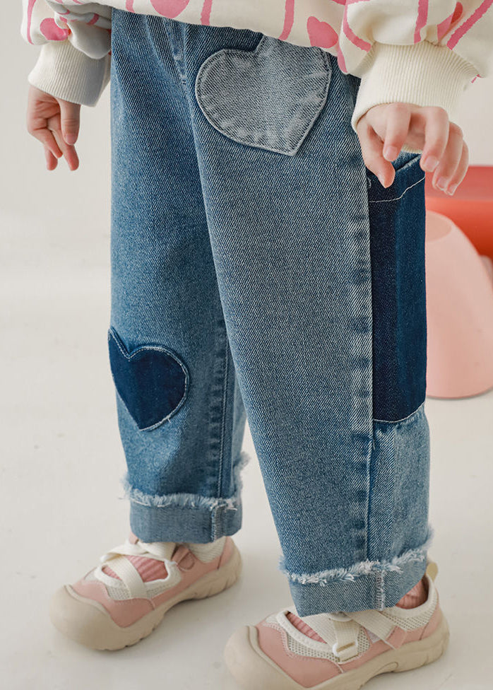 Blue Pockets Elastic Waist Denim Pants Fall