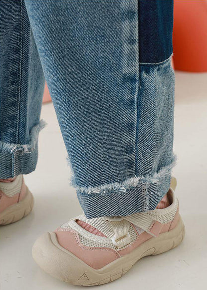 Blue Pockets Elastic Waist Denim Pants Fall