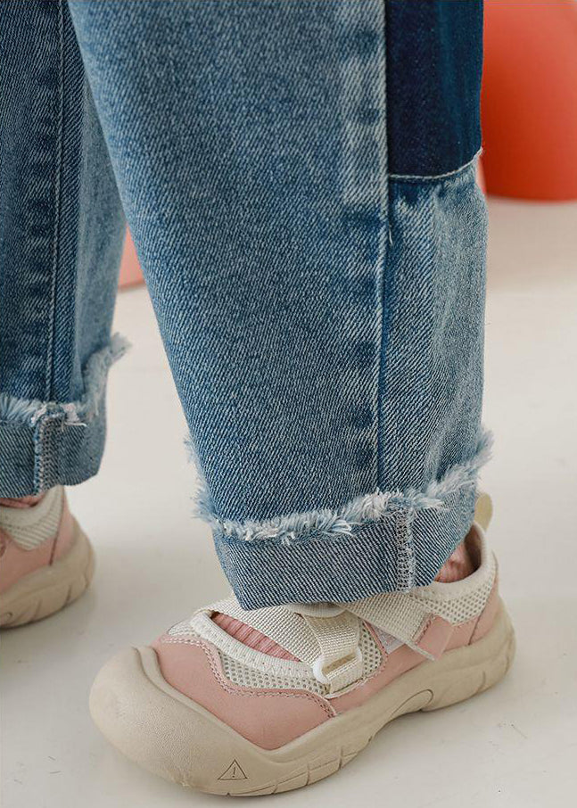 Blue Pockets Elastic Waist Denim Pants Fall