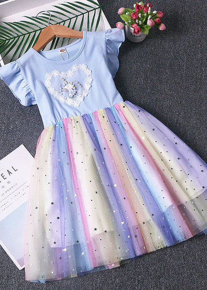 Blue Ruffled Nail Bead Patchwork Tulle Kids Dresses Summer