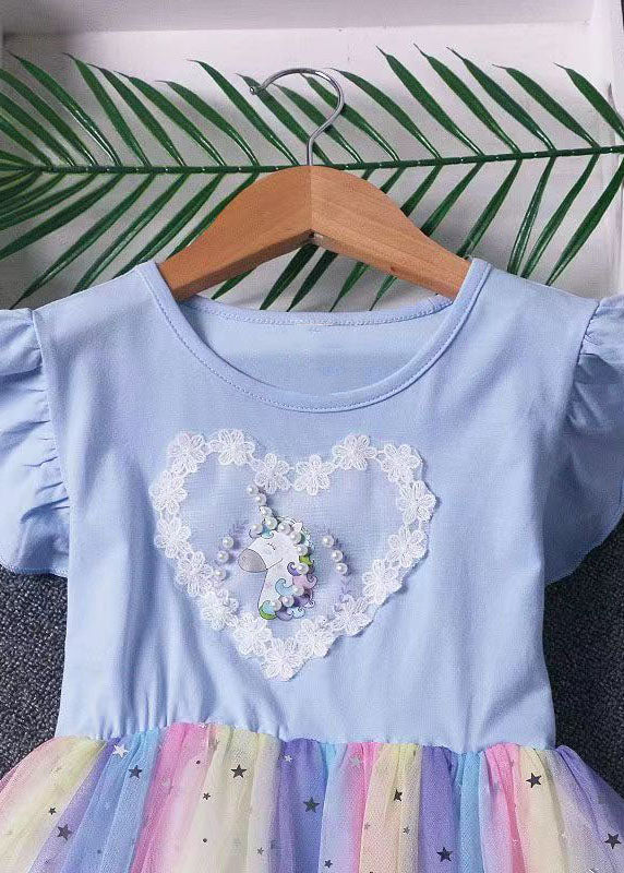Blue Ruffled Nail Bead Patchwork Tulle Kids Dresses Summer
